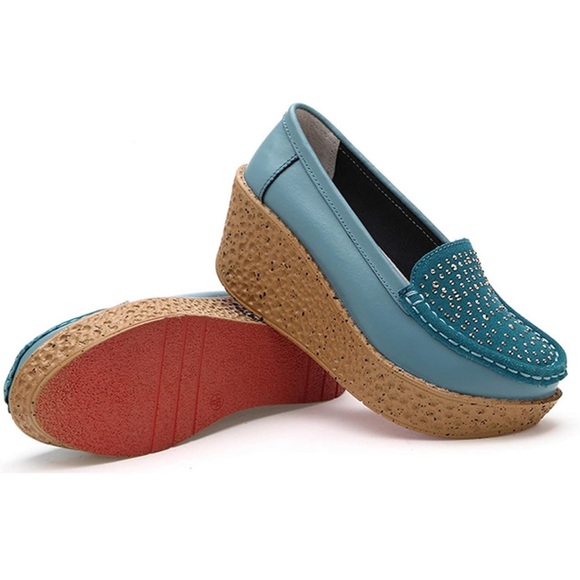 Rhinestones Platform Wedge Comfort Non-Slip ,Leather Wedge Moccasins Walking - Picture 7 of 7